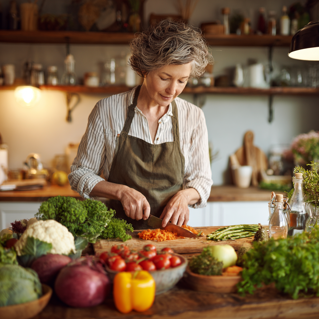 middle-aged woman preparing fresh healthy meal with vegetables and fruits